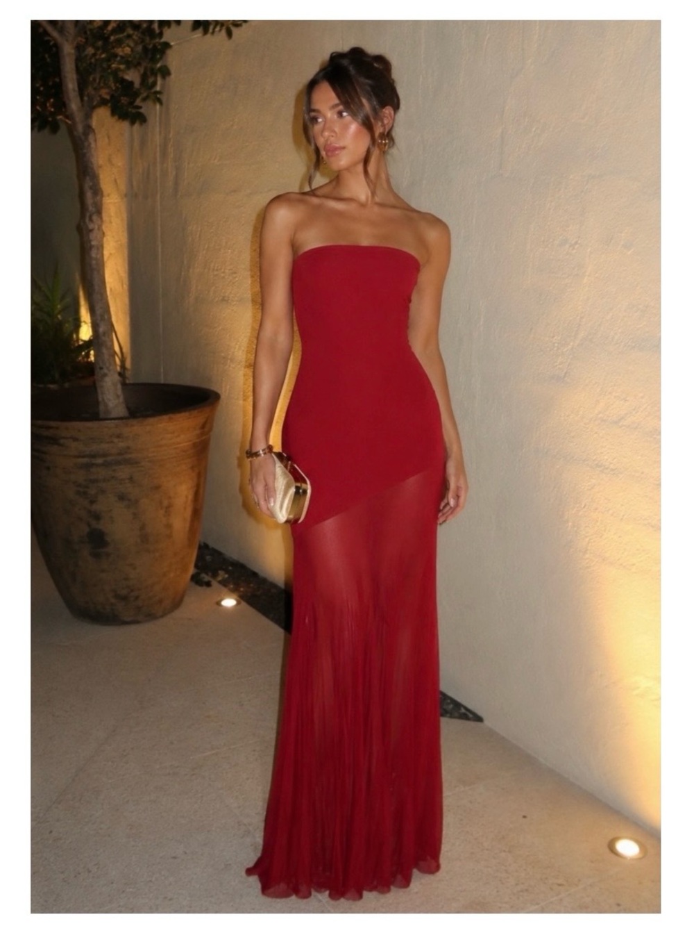 NWT Deme by Gabriella Dahlia Body-con Sheer Asymmetric Gown in Maroon